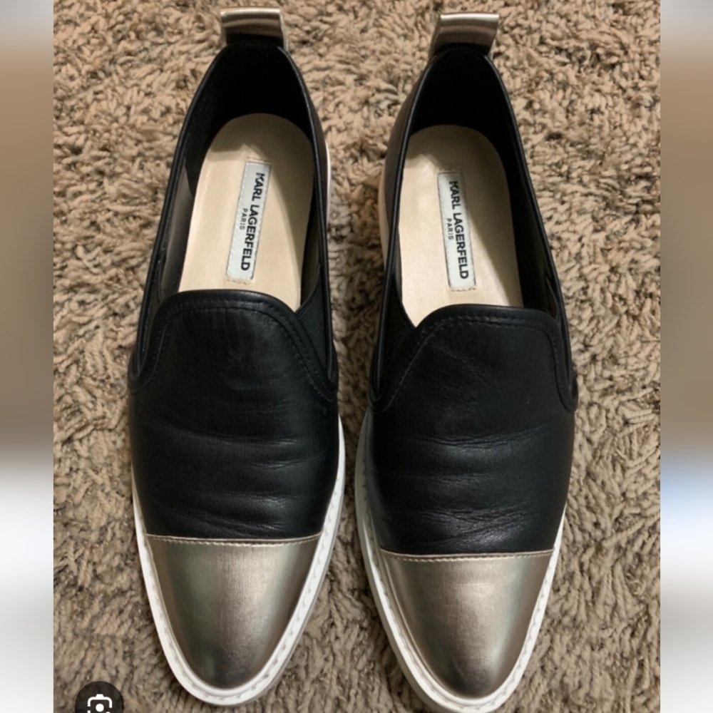 Karl Lagerfeld Size 8M Black & Silver Slip-On Loafers